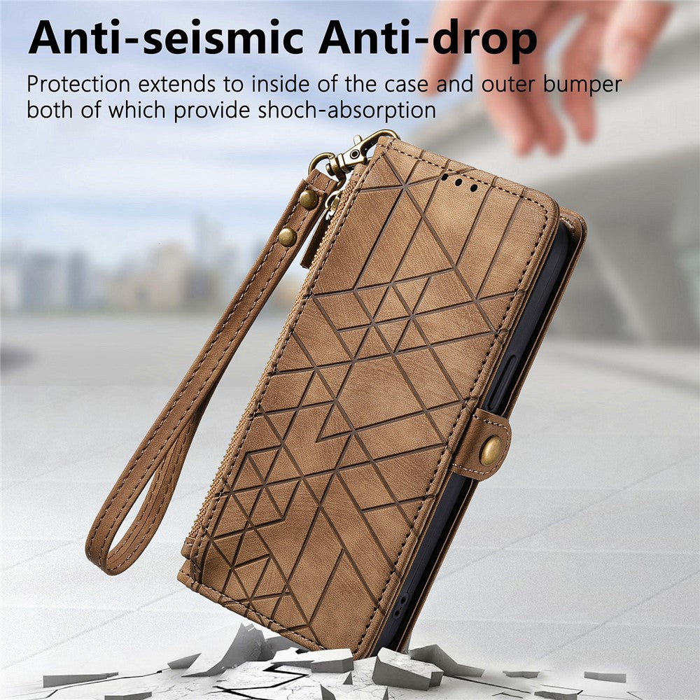 For Xiaomi 15T Case Zipper Wallet Geometry Lines Leather Phone Cover with Strap