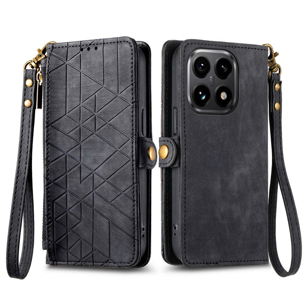 For Xiaomi 15T Case Zipper Wallet Geometry Lines Leather Phone Cover with Strap
