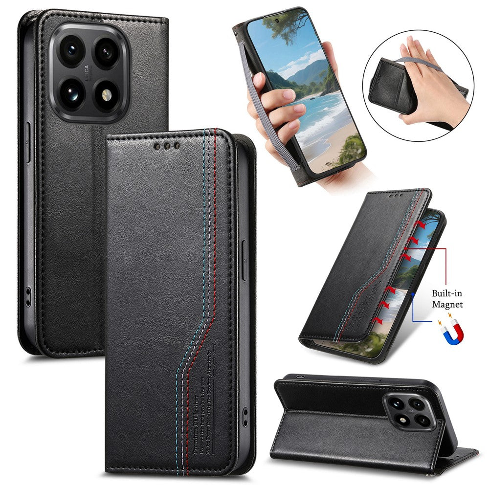 For Xiaomi 15T Case Wallet Tri-Color Stitching Leather Phone Cover with Elastic Wristband