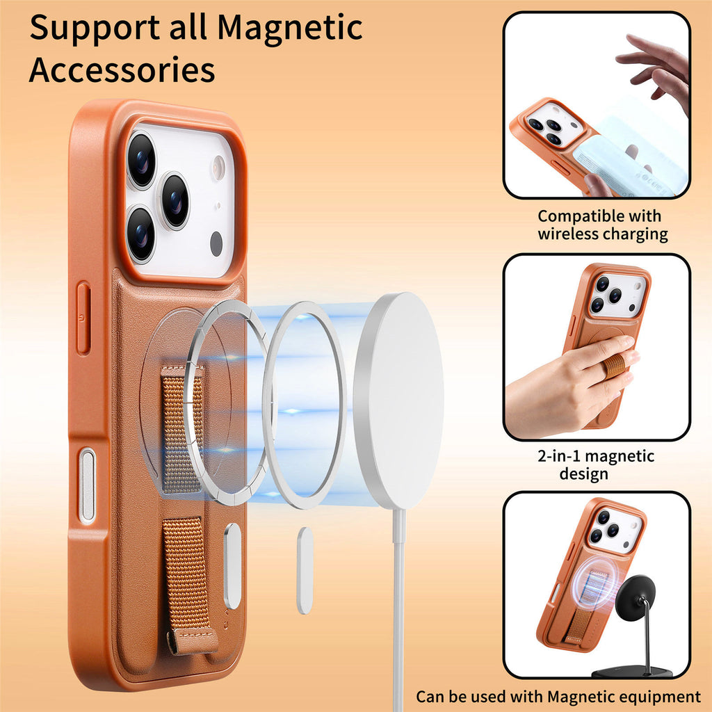For iPhone 17 Pro Max Magnetic Case CASENEO Wristband PU Leather + PC Shockproof Phone Cover