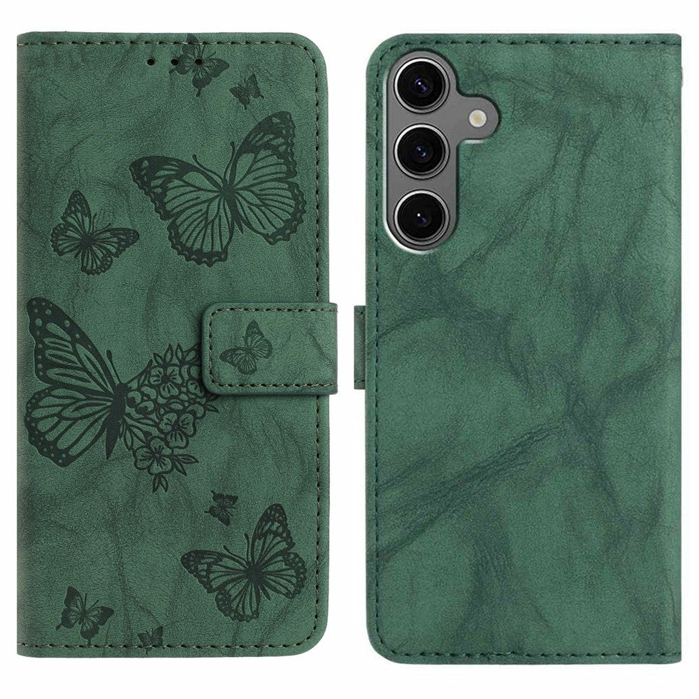 For Samsung Galaxy S25 Leather Case Butterfly Flower Imprinted Wallet Stand Flip Phone Cover with Wrist Strap