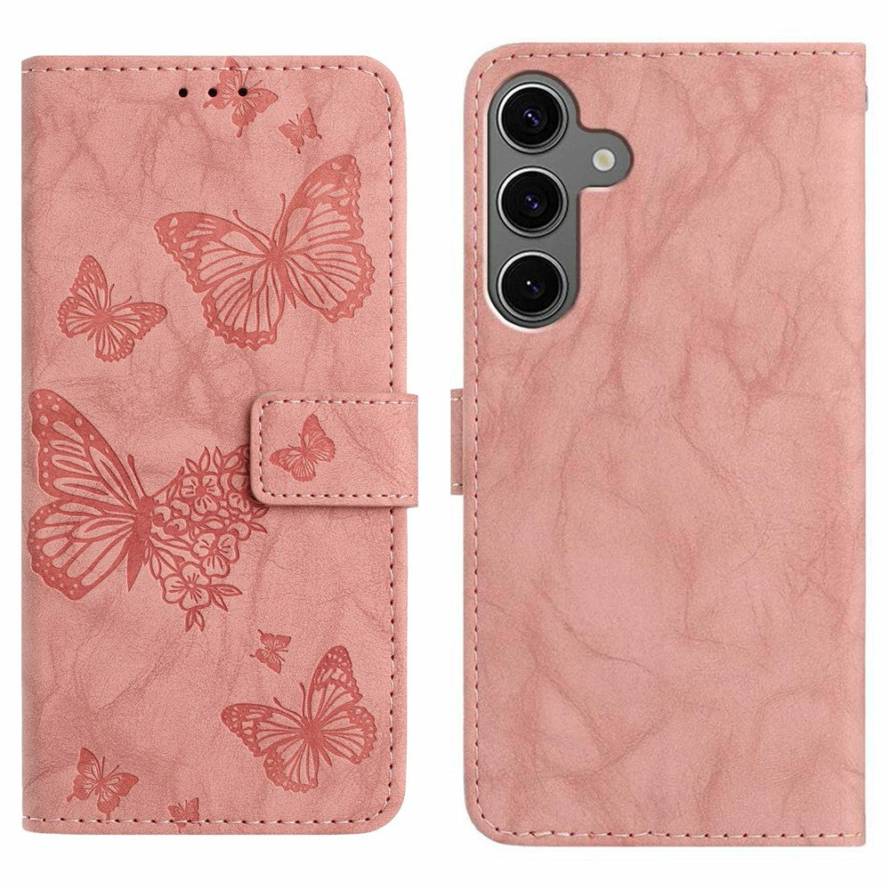 For Samsung Galaxy S25 Leather Case Butterfly Flower Imprinted Wallet Stand Flip Phone Cover with Wrist Strap