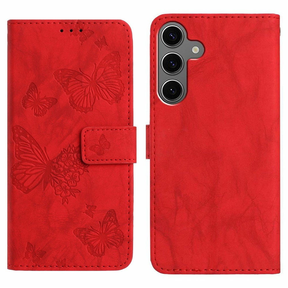 For Samsung Galaxy S25 Leather Case Butterfly Flower Imprinted Wallet Stand Flip Phone Cover with Wrist Strap