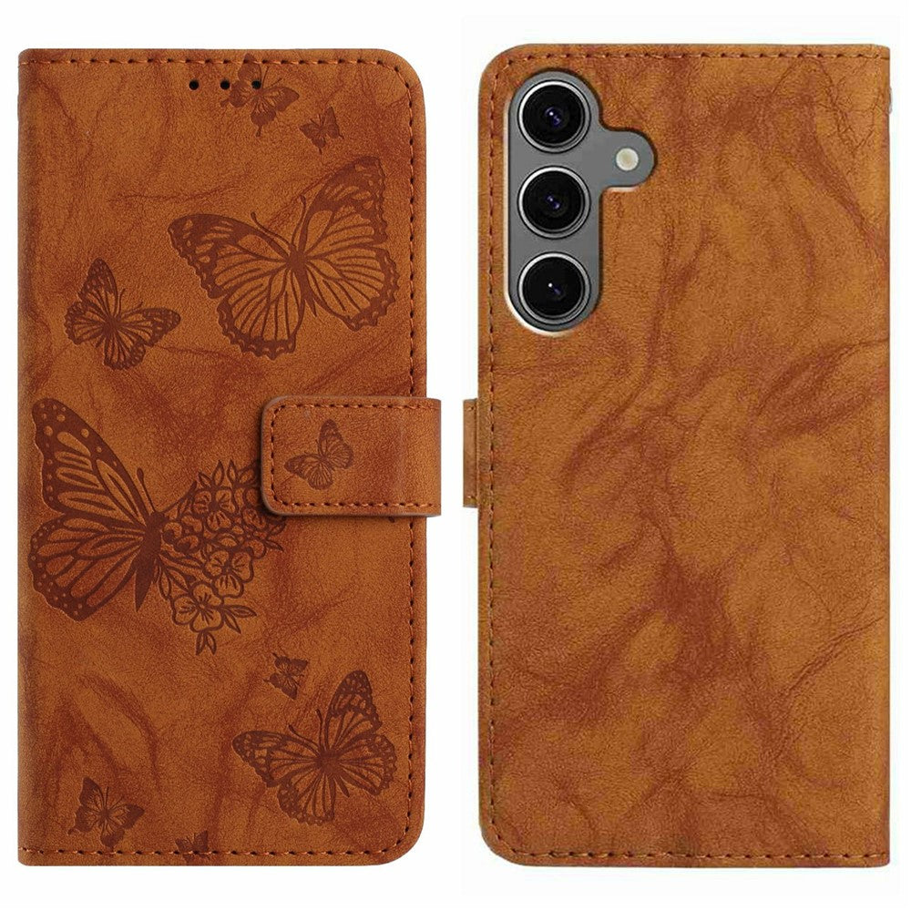 For Samsung Galaxy S25 Leather Case Butterfly Flower Imprinted Wallet Stand Flip Phone Cover with Wrist Strap