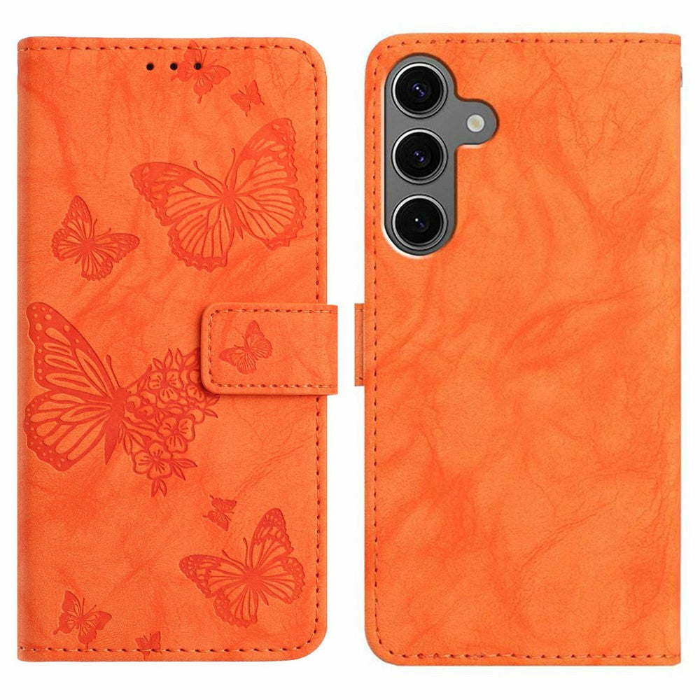 For Samsung Galaxy S25 Leather Case Butterfly Flower Imprinted Wallet Stand Flip Phone Cover with Wrist Strap