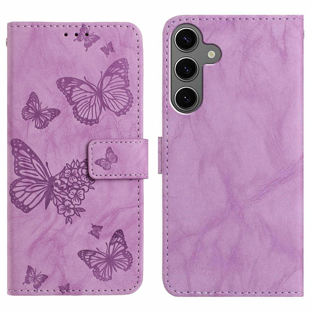 For Samsung Galaxy S25 Leather Case Butterfly Flower Imprinted Wallet Stand Flip Phone Cover with Wrist Strap