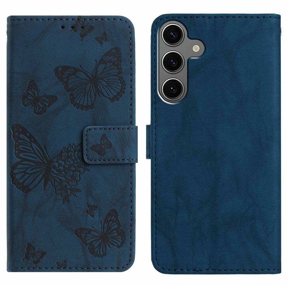 For Samsung Galaxy S25 Leather Case Butterfly Flower Imprinted Wallet Stand Flip Phone Cover with Wrist Strap