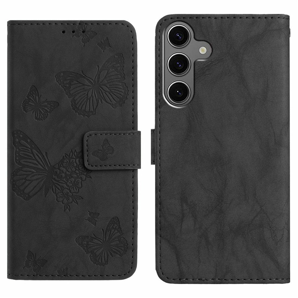 For Samsung Galaxy S25 Leather Case Butterfly Flower Imprinted Wallet Stand Flip Phone Cover with Wrist Strap