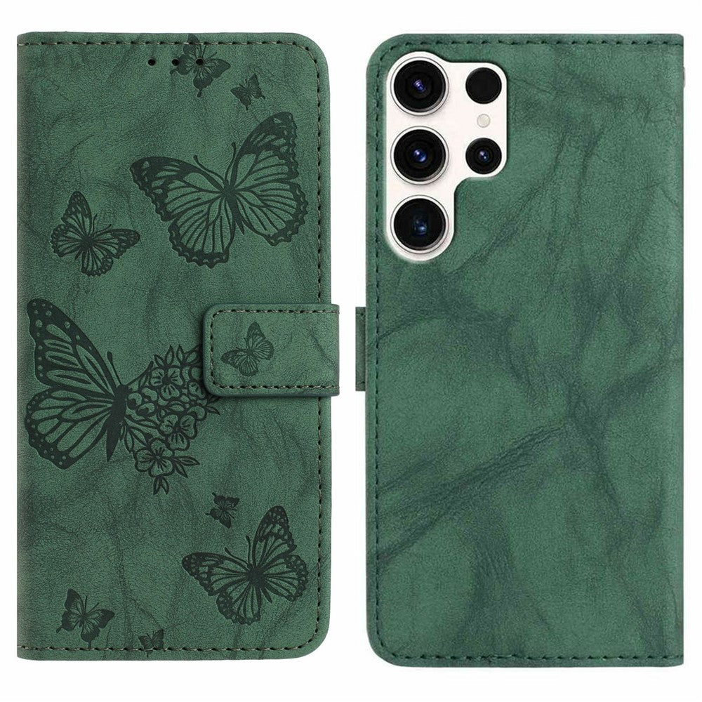 For Samsung Galaxy S25 Ultra Leather Case Butterfly Flower Imprinted Wallet Stand Flip Phone Cover with Wrist Strap