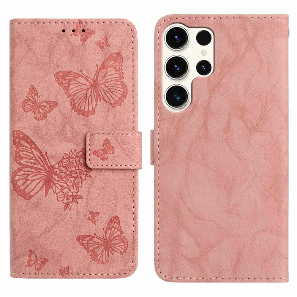 For Samsung Galaxy S25 Ultra Leather Case Butterfly Flower Imprinted Wallet Stand Flip Phone Cover with Wrist Strap