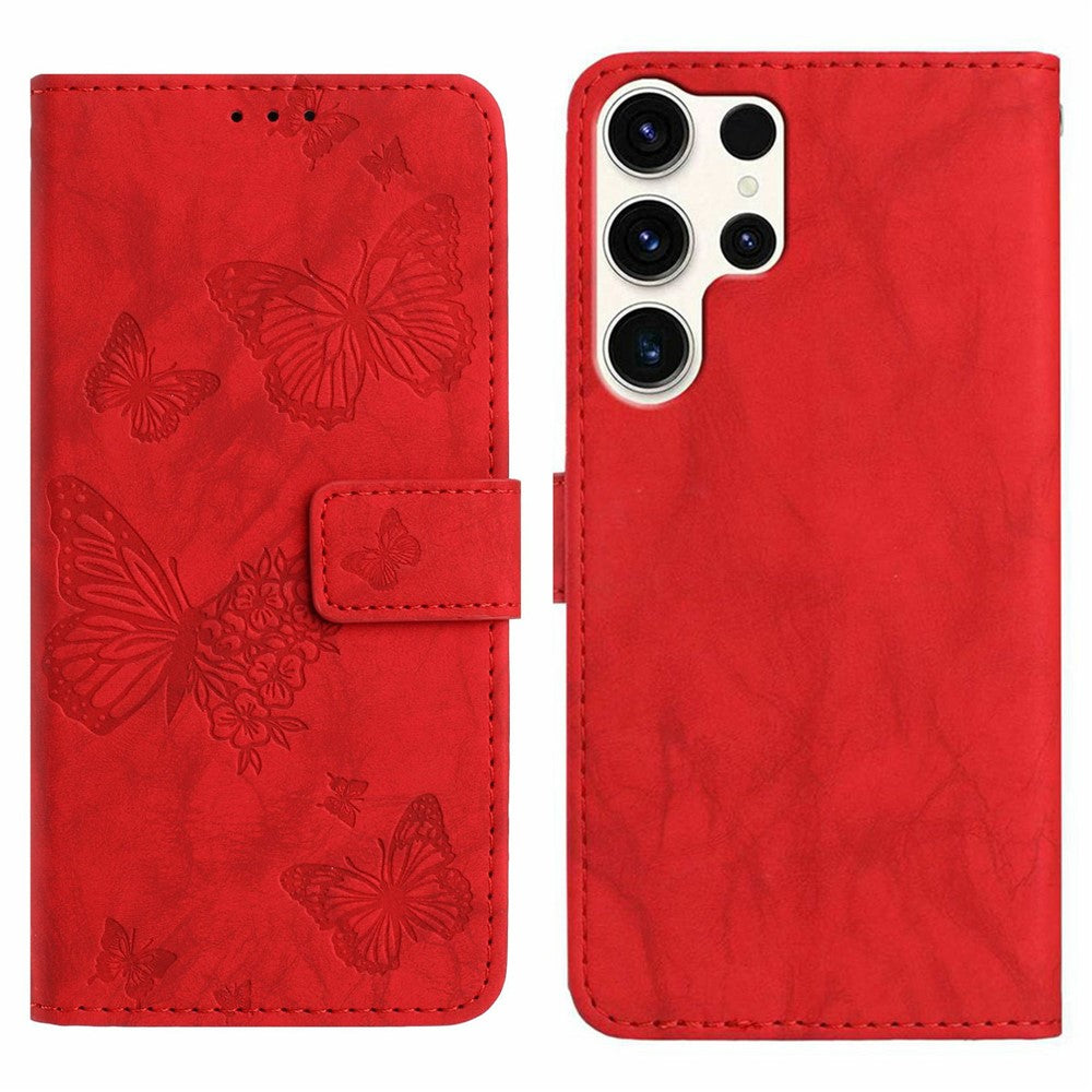 For Samsung Galaxy S25 Ultra Leather Case Butterfly Flower Imprinted Wallet Stand Flip Phone Cover with Wrist Strap