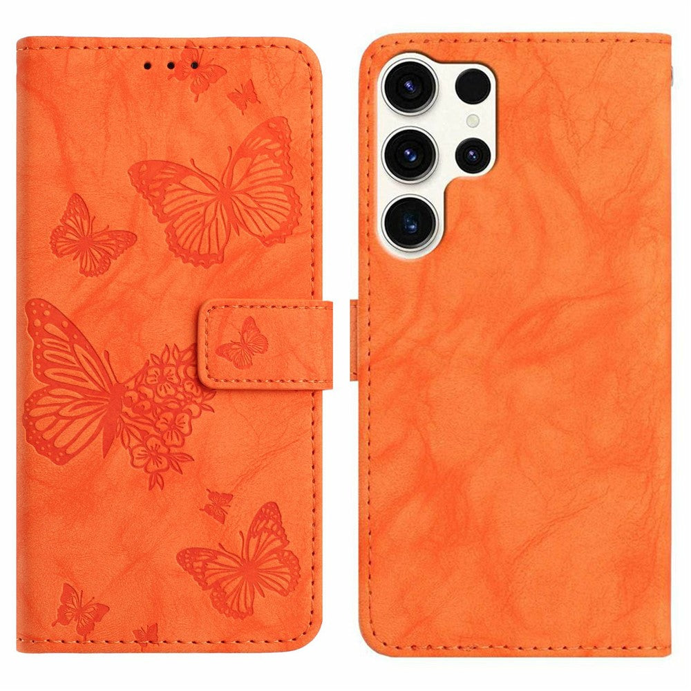 For Samsung Galaxy S25 Ultra Leather Case Butterfly Flower Imprinted Wallet Stand Flip Phone Cover with Wrist Strap