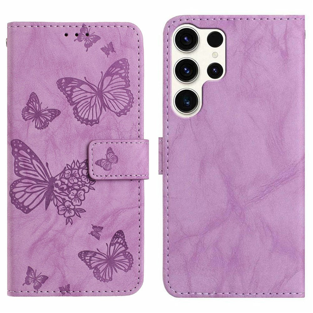 For Samsung Galaxy S25 Ultra Leather Case Butterfly Flower Imprinted Wallet Stand Flip Phone Cover with Wrist Strap