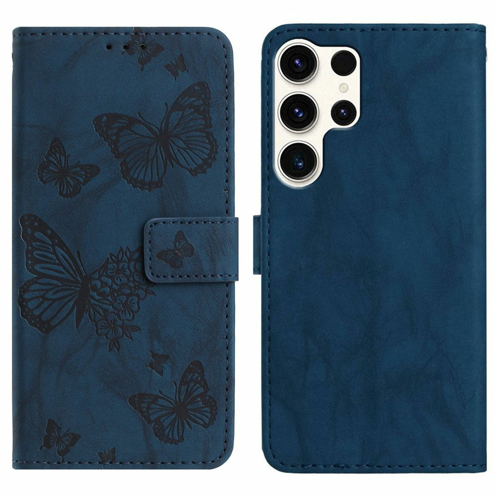 For Samsung Galaxy S25 Ultra Leather Case Butterfly Flower Imprinted Wallet Stand Flip Phone Cover with Wrist Strap