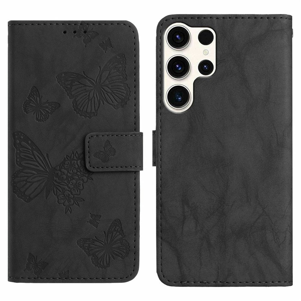 For Samsung Galaxy S25 Ultra Leather Case Butterfly Flower Imprinted Wallet Stand Flip Phone Cover with Wrist Strap