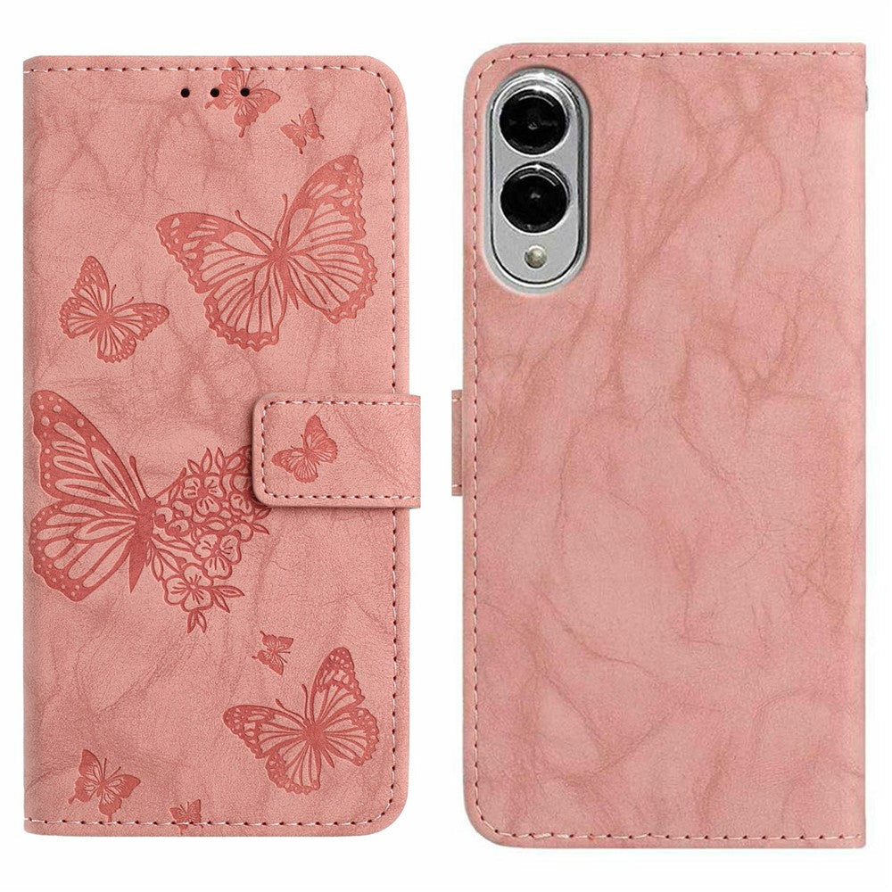 For Samsung Galaxy S25 Edge Leather Case Butterfly Flower Imprinted Wallet Stand Flip Phone Cover with Wrist Strap