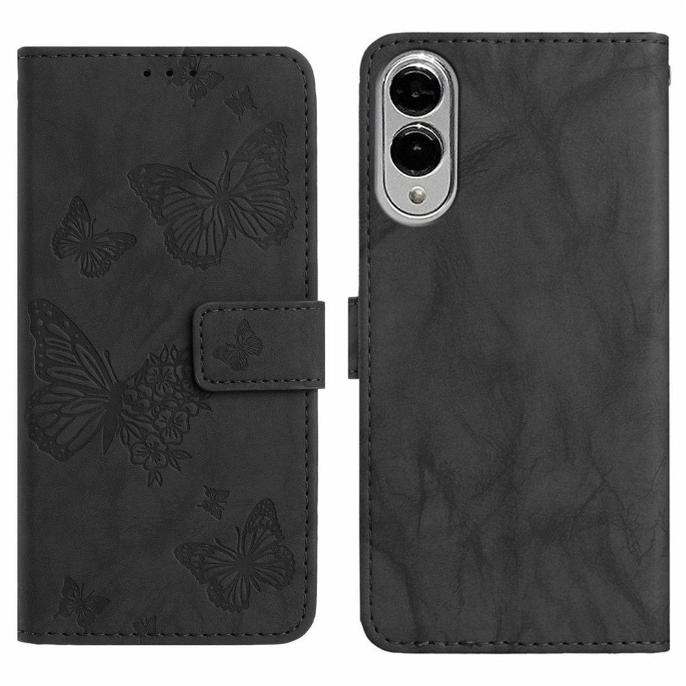 For Samsung Galaxy S25 Edge Leather Case Butterfly Flower Imprinted Wallet Stand Flip Phone Cover with Wrist Strap