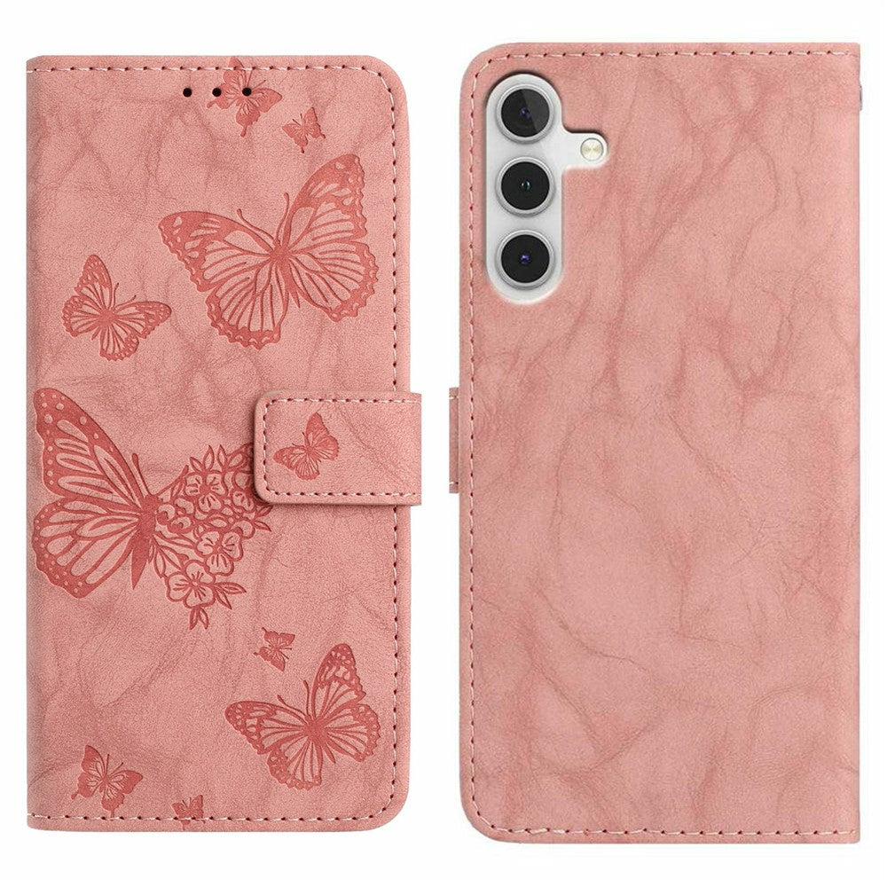 For Samsung Galaxy A16 5G  /  4G Leather Case Butterfly Flower Imprinted Wallet Stand Flip Phone Cover with Wrist Strap