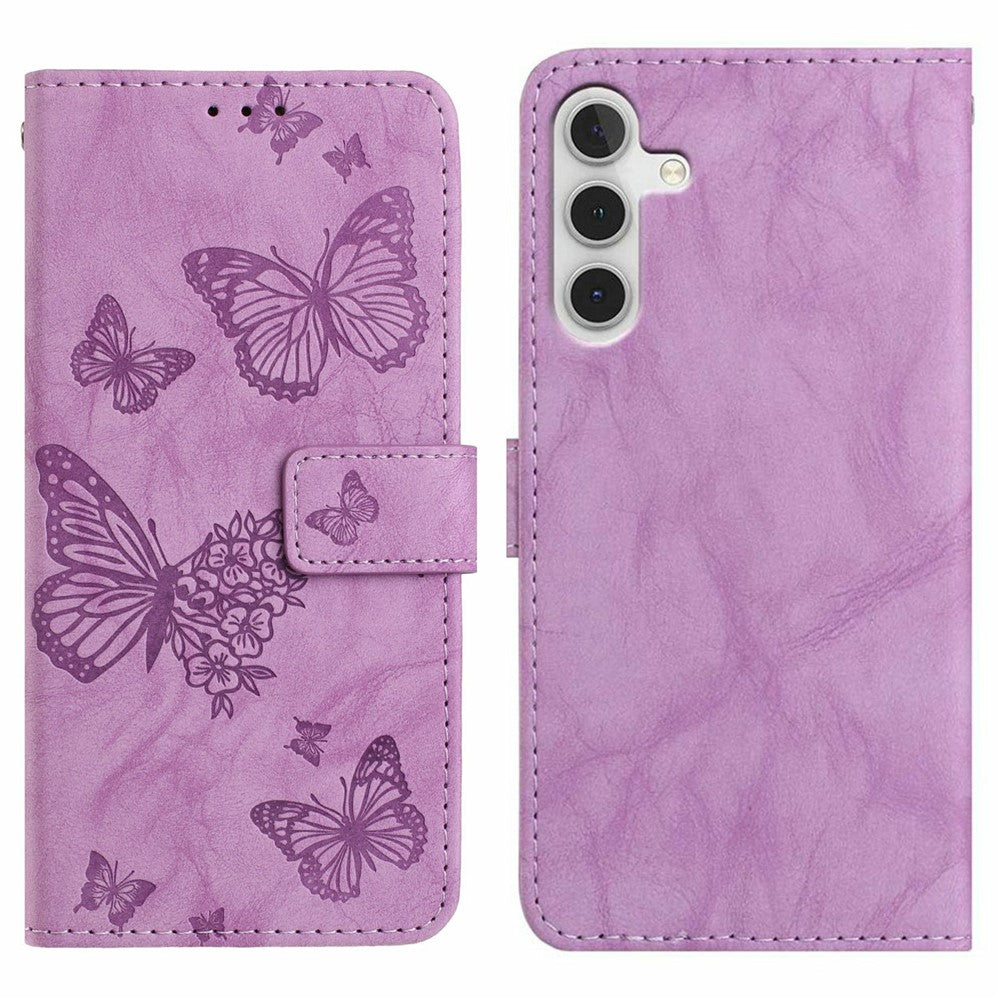 For Samsung Galaxy A16 5G  /  4G Leather Case Butterfly Flower Imprinted Wallet Stand Flip Phone Cover with Wrist Strap