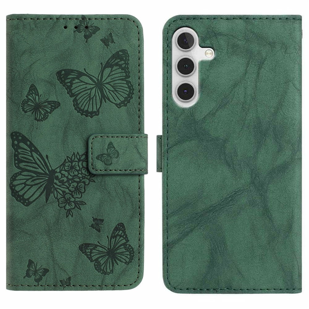 For Samsung Galaxy A56 5G Leather Case Butterfly Flower Imprinted Wallet Stand Flip Phone Cover with Wrist Strap