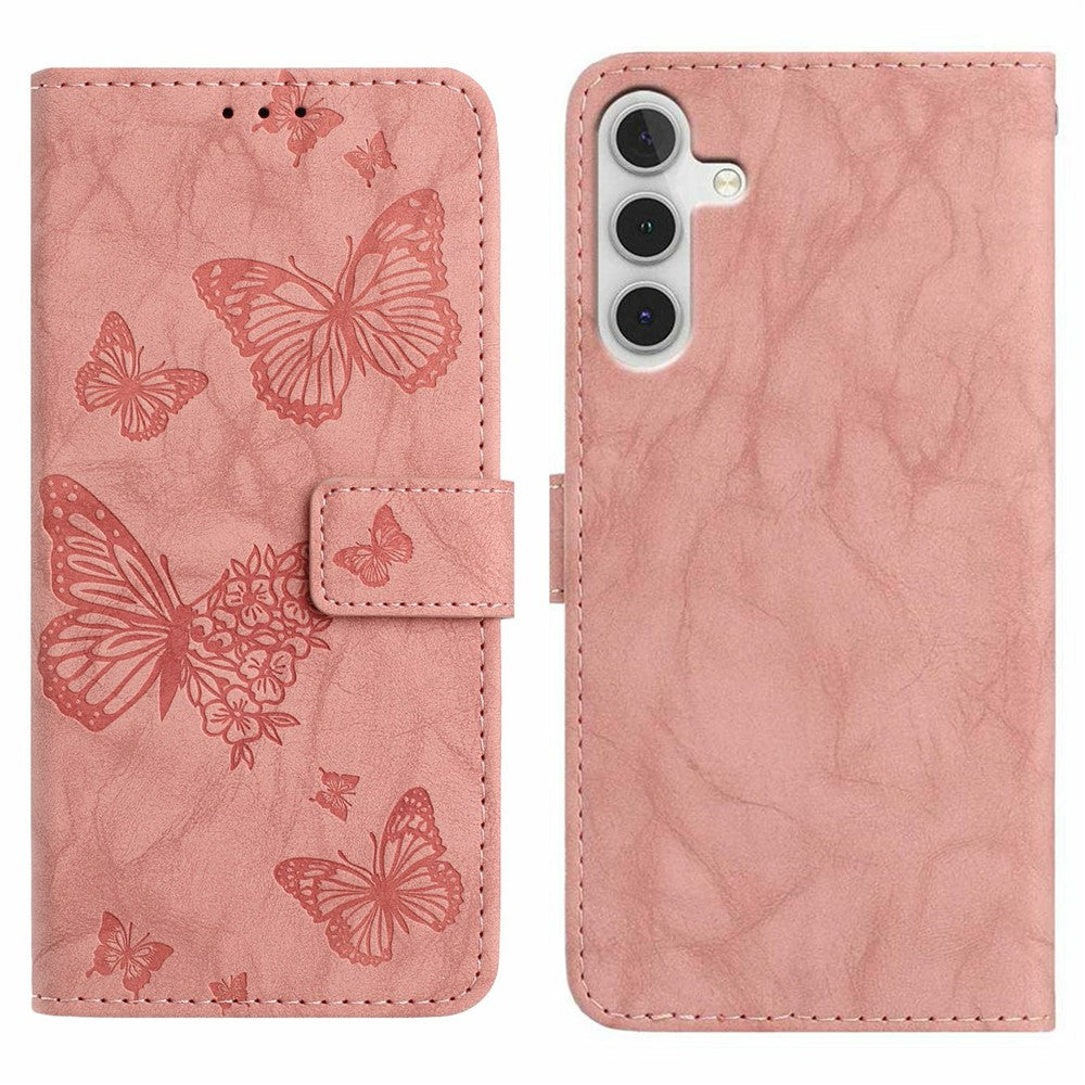 For Samsung Galaxy A56 5G Leather Case Butterfly Flower Imprinted Wallet Stand Flip Phone Cover with Wrist Strap