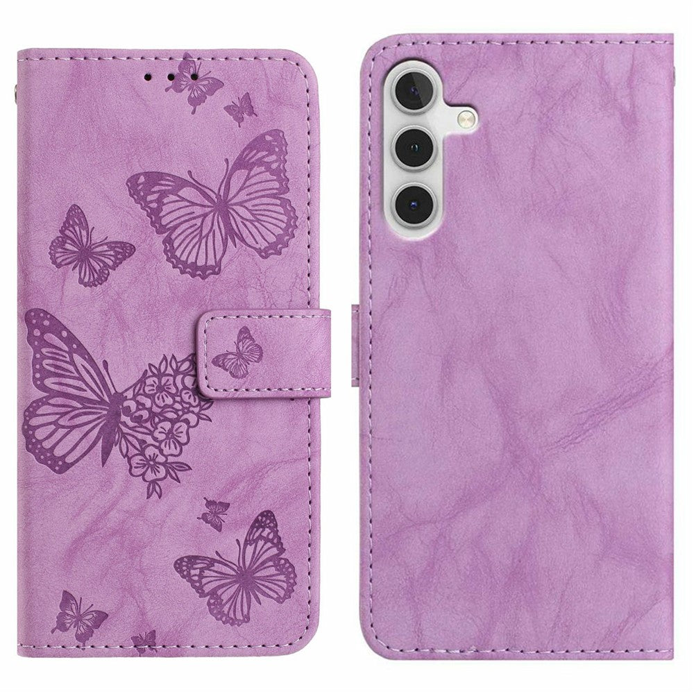 For Samsung Galaxy A56 5G Leather Case Butterfly Flower Imprinted Wallet Stand Flip Phone Cover with Wrist Strap