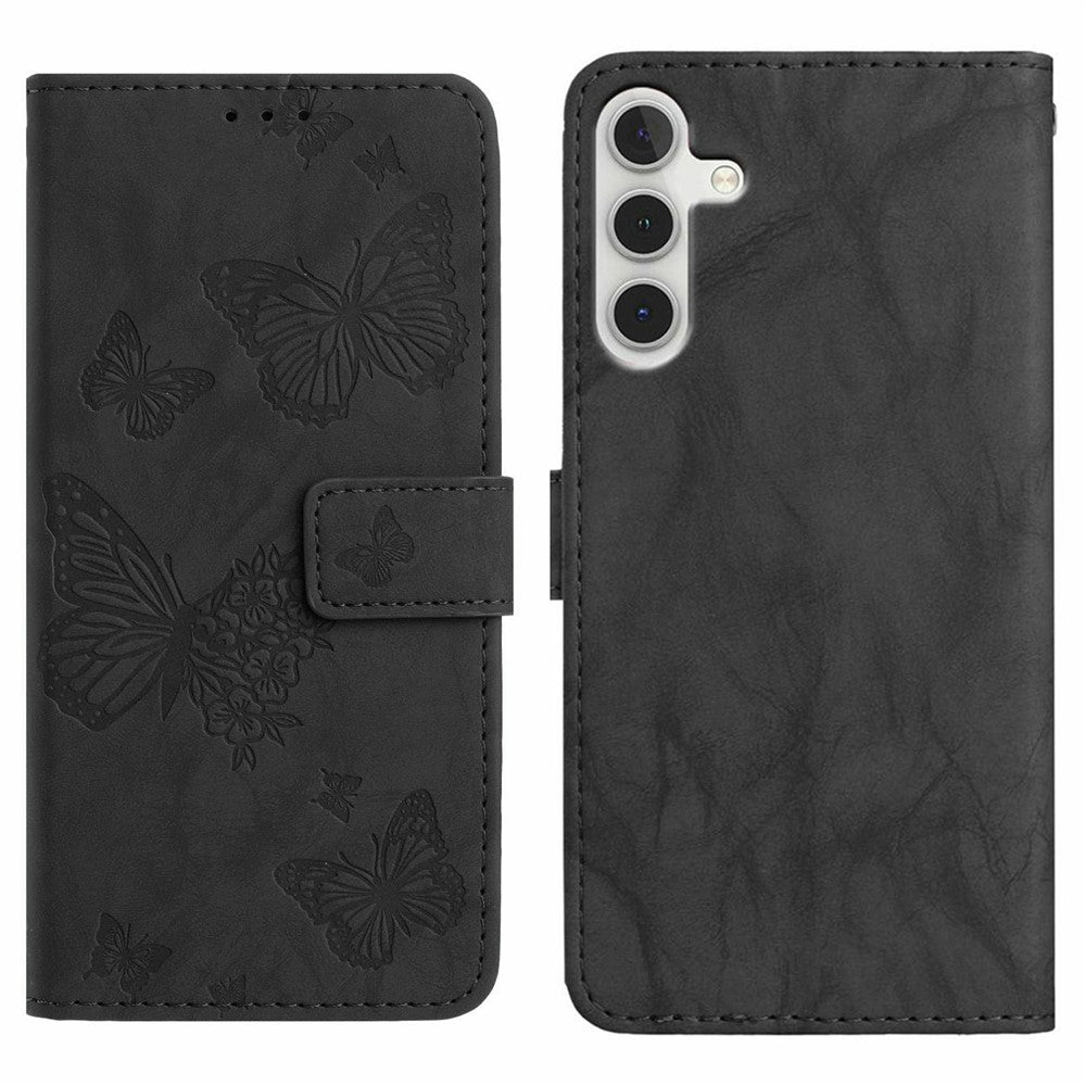 For Samsung Galaxy A56 5G Leather Case Butterfly Flower Imprinted Wallet Stand Flip Phone Cover with Wrist Strap