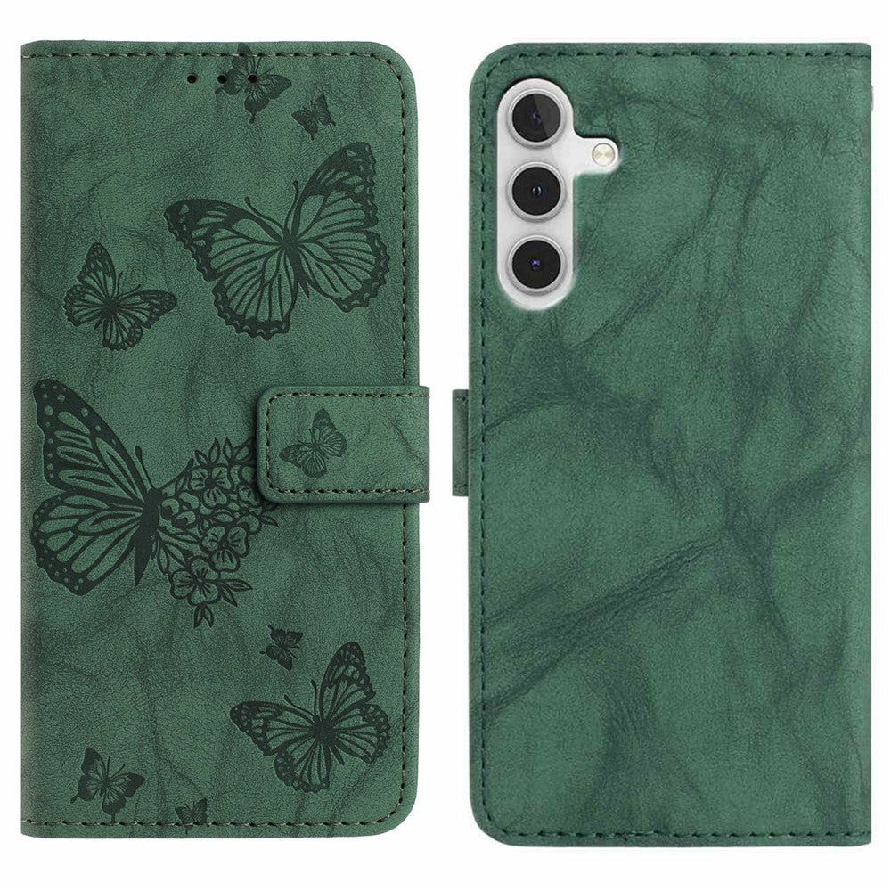 For Samsung Galaxy A17 5G  /  4G Leather Case Butterfly Flower Imprinted Wallet Stand Flip Phone Cover with Wrist Strap