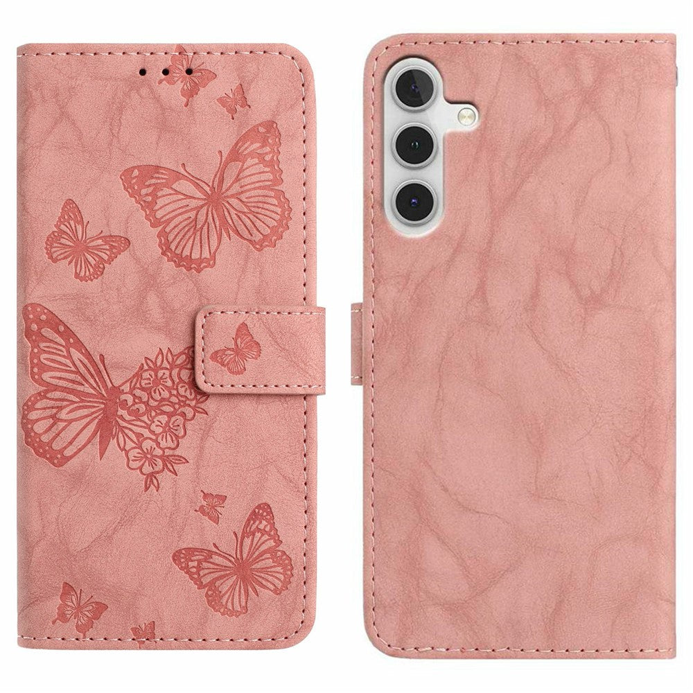 For Samsung Galaxy A17 5G  /  4G Leather Case Butterfly Flower Imprinted Wallet Stand Flip Phone Cover with Wrist Strap