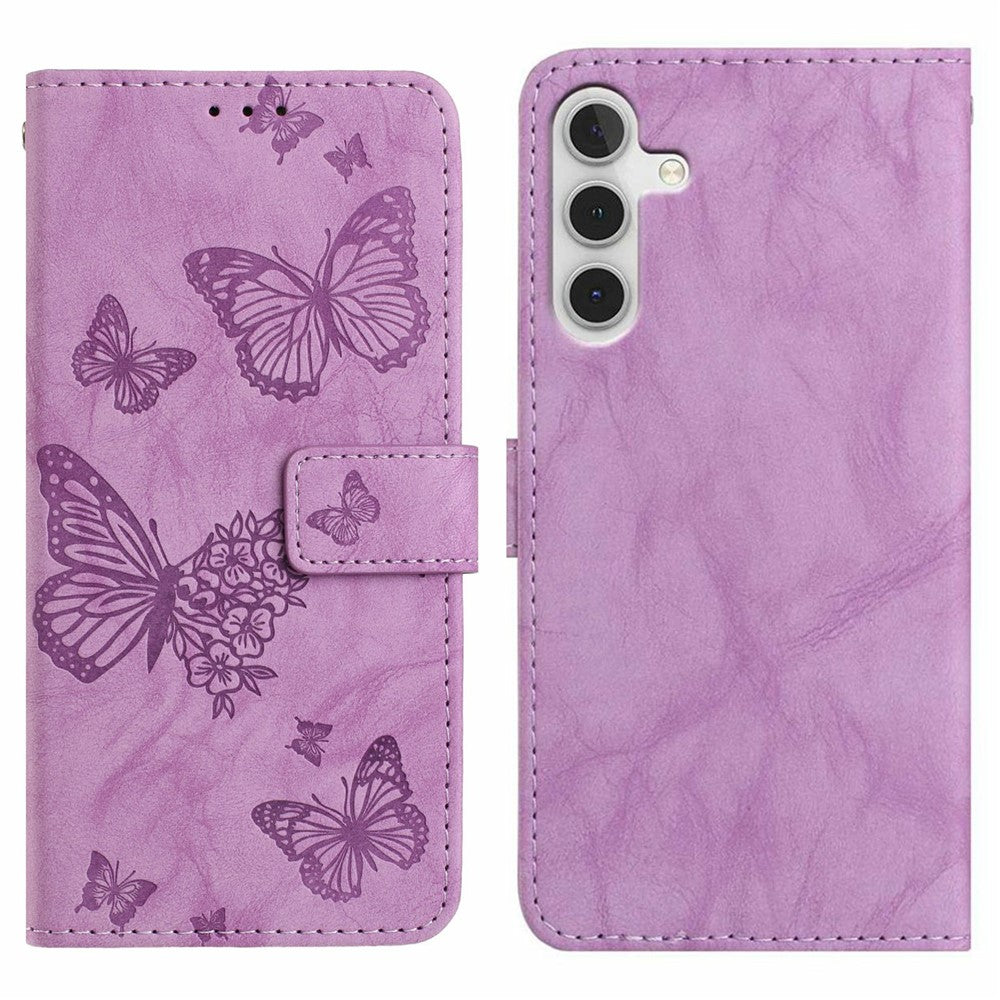 For Samsung Galaxy A17 5G  /  4G Leather Case Butterfly Flower Imprinted Wallet Stand Flip Phone Cover with Wrist Strap