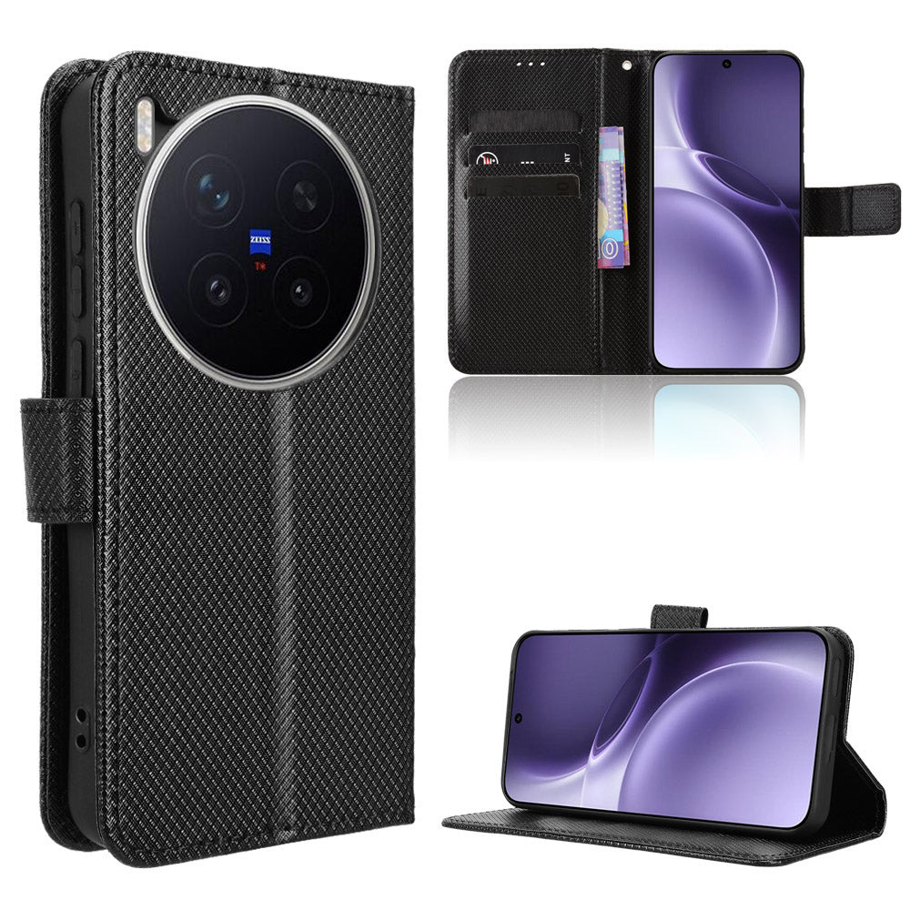 For vivo X300 Pro 5G Leather Wallet Case with Strap Diamond Texture Phone Cover