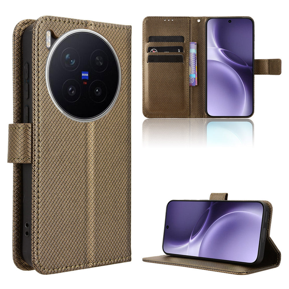 For vivo X300 Pro 5G Leather Wallet Case with Strap Diamond Texture Phone Cover