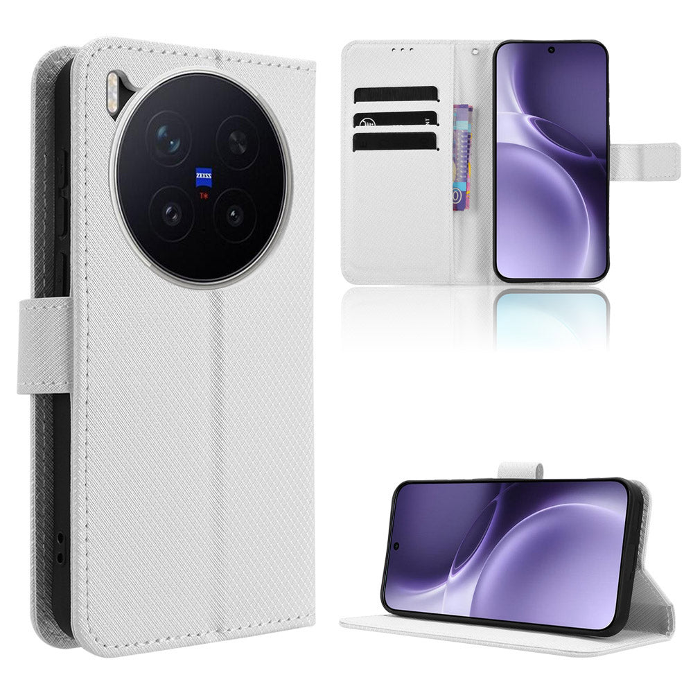 For vivo X300 Pro 5G Leather Wallet Case with Strap Diamond Texture Phone Cover