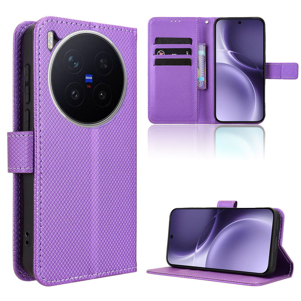 For vivo X300 Pro 5G Leather Wallet Case with Strap Diamond Texture Phone Cover