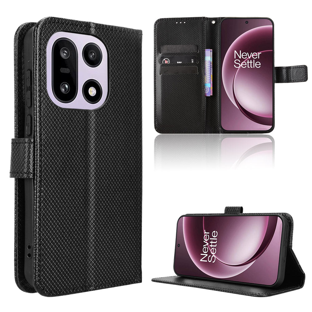 For OnePlus 15 5G Leather Wallet Case with Strap Diamond Texture Phone Cover