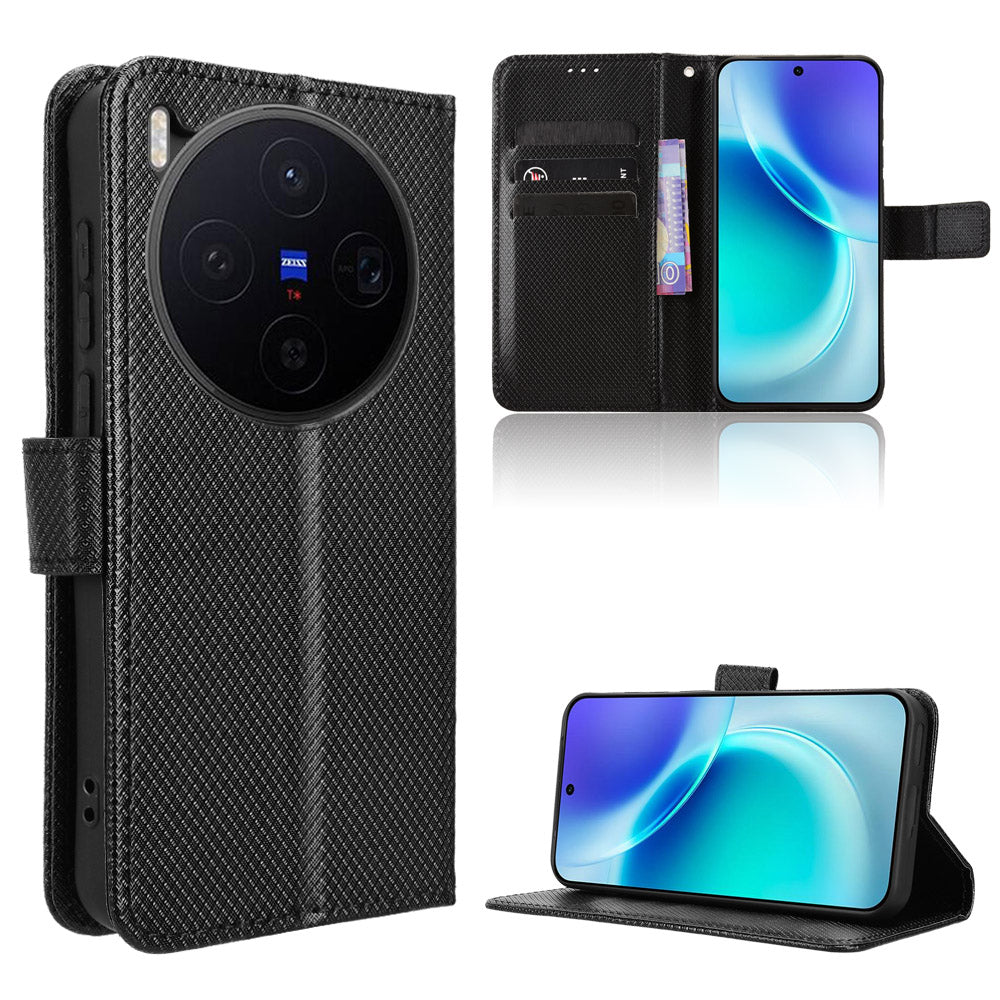 For vivo X300 5G Leather Wallet Case with Strap Diamond Texture Phone Cover