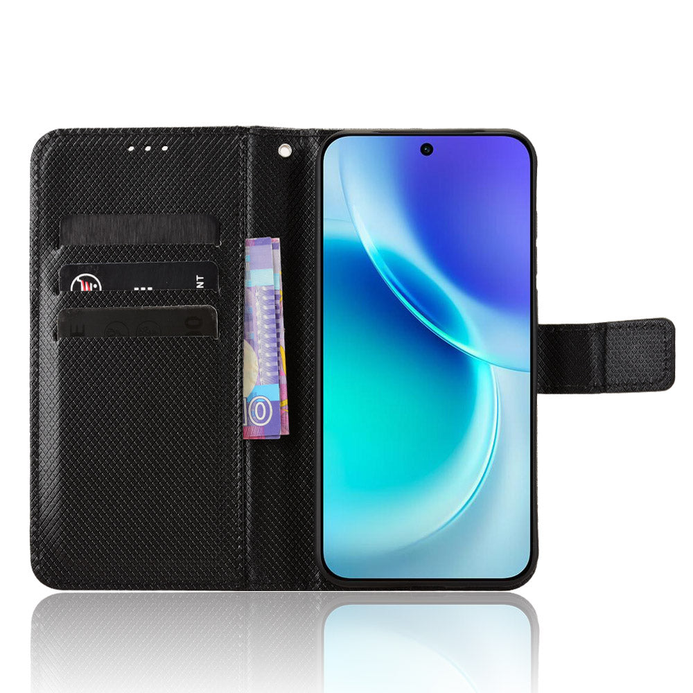 For vivo X300 5G Leather Wallet Case with Strap Diamond Texture Phone Cover