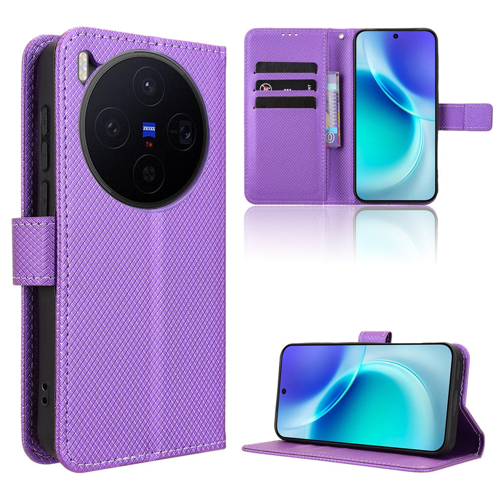 For vivo X300 5G Leather Wallet Case with Strap Diamond Texture Phone Cover