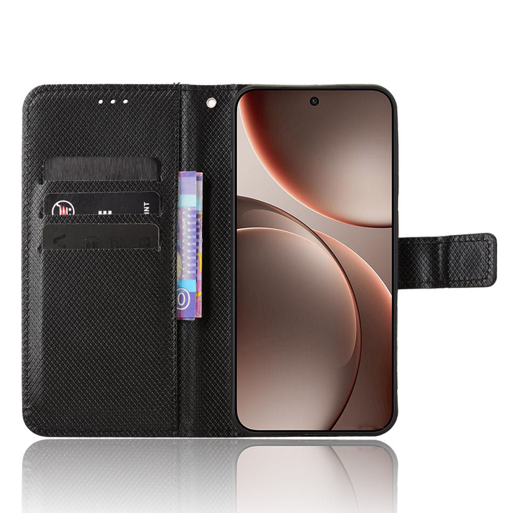 For Oppo Find X9 5G Leather Wallet Case with Strap Diamond Texture Phone Cover