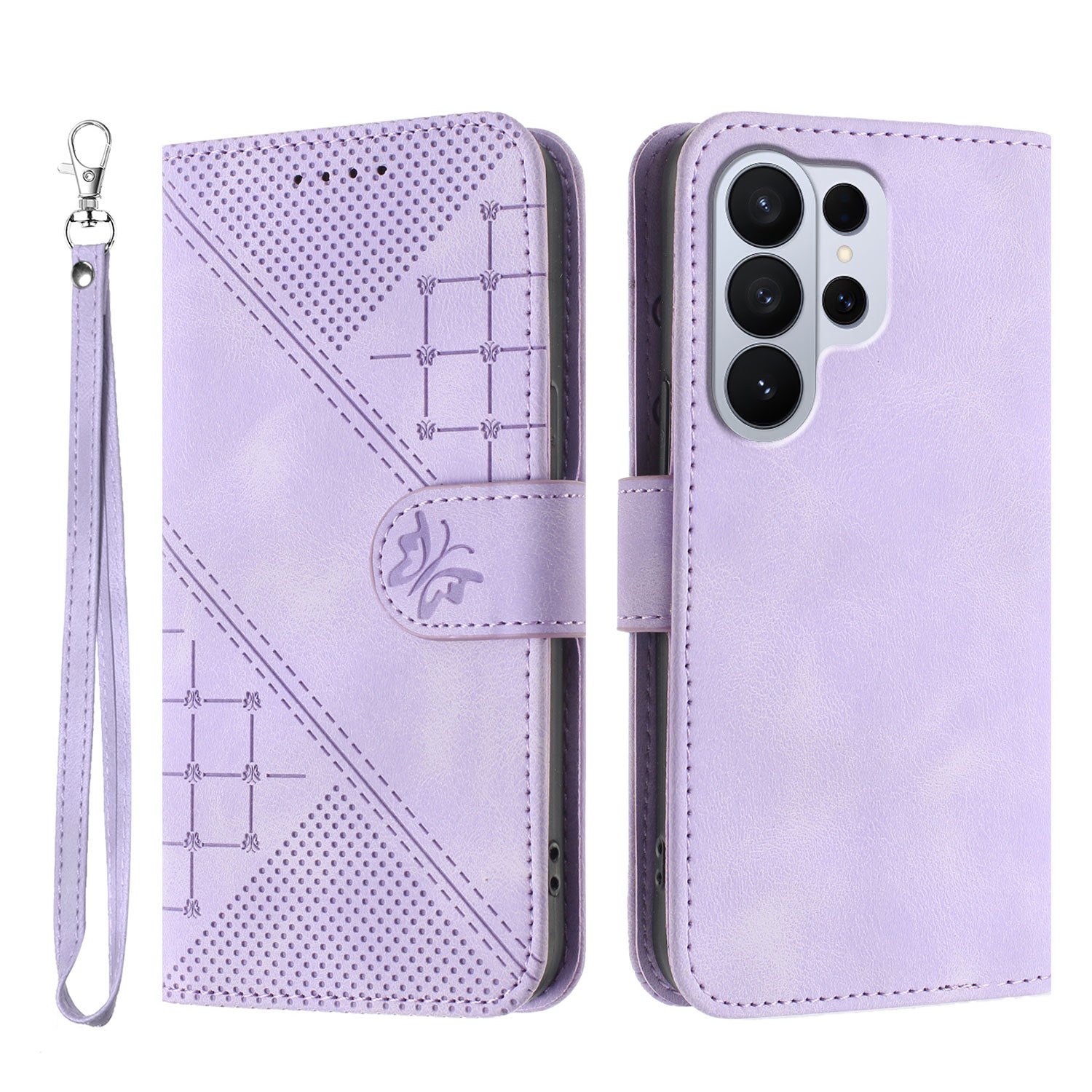 For Samsung Galaxy S26 Ultra Leather Wallet Case Butterfly Flower Imprinted Phone Cover with Strap