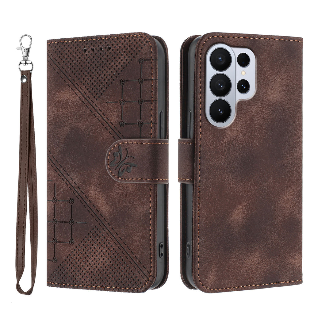 For Samsung Galaxy S26 Ultra Leather Wallet Case Butterfly Flower Imprinted Phone Cover with Strap