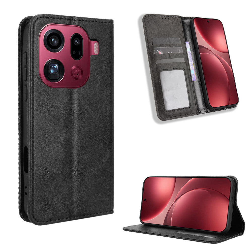 For Oppo Find X9 Pro 5G Leather Case Wallet Stand Retro Texture Phone Cover