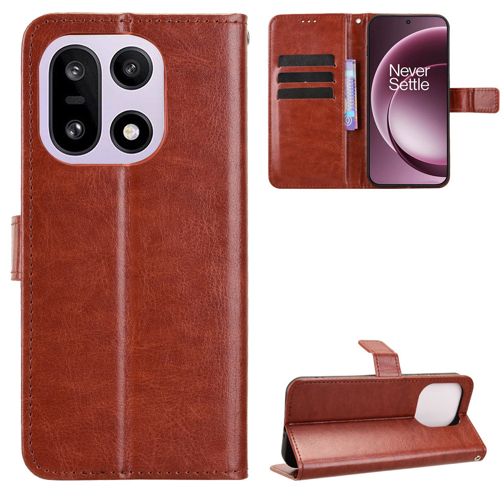 For OnePlus 15 5G PU Leather Case with Strap Crazy Horse Texture Phone Wallet Cover