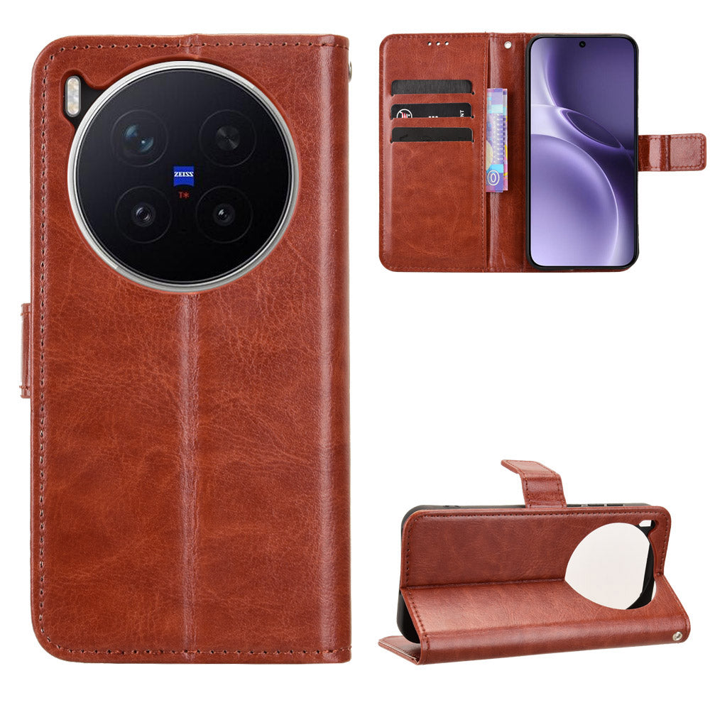 For vivo X300 Pro 5G PU Leather Case with Strap Crazy Horse Texture Phone Wallet Cover