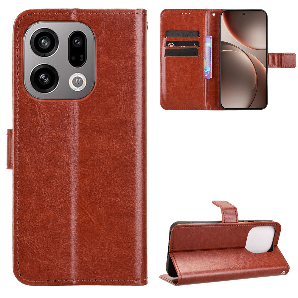 For Oppo Find X9 5G PU Leather Case with Strap Crazy Horse Texture Phone Wallet Cover