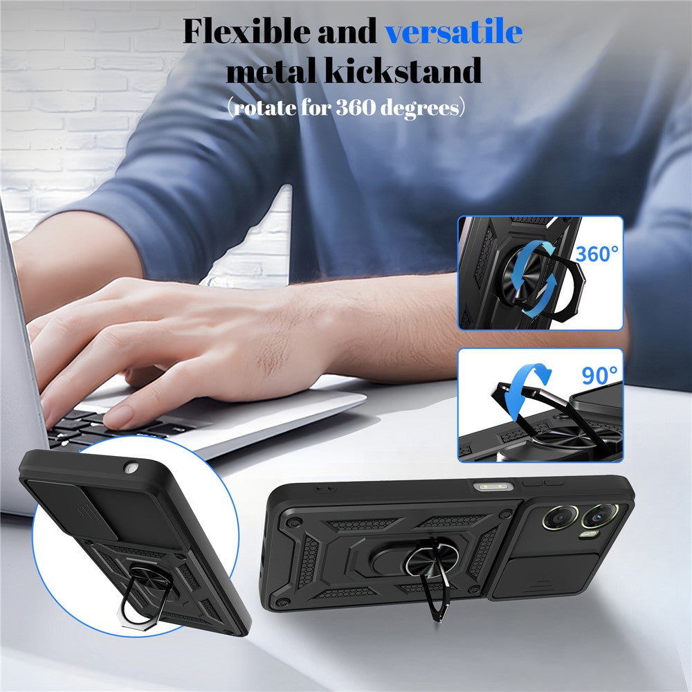 For Motorola Moto G06 4G Case with Slide Camera Lid PC + TPU Kickstand Phone Cover