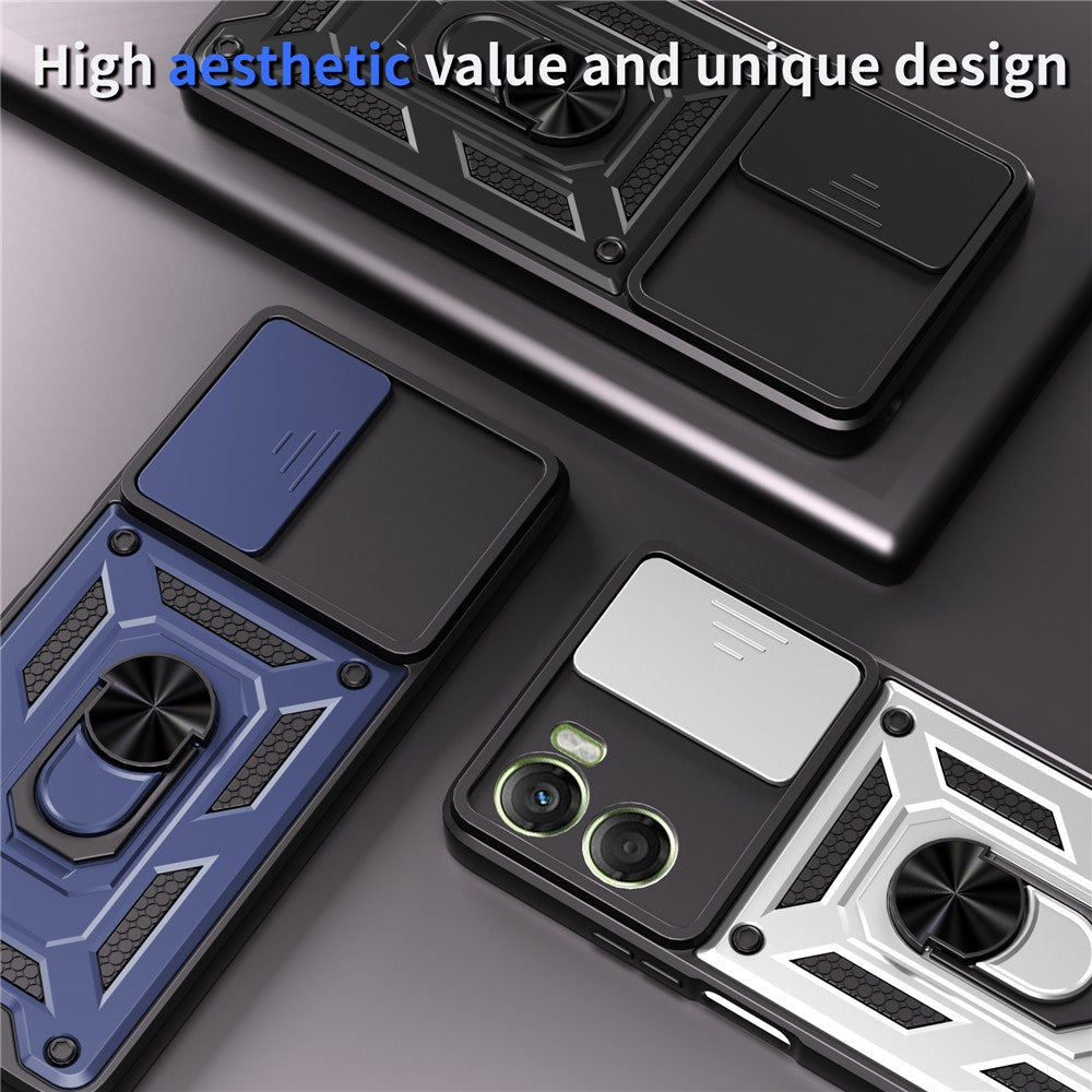 For Motorola Moto G06 4G Case with Slide Camera Lid PC + TPU Kickstand Phone Cover