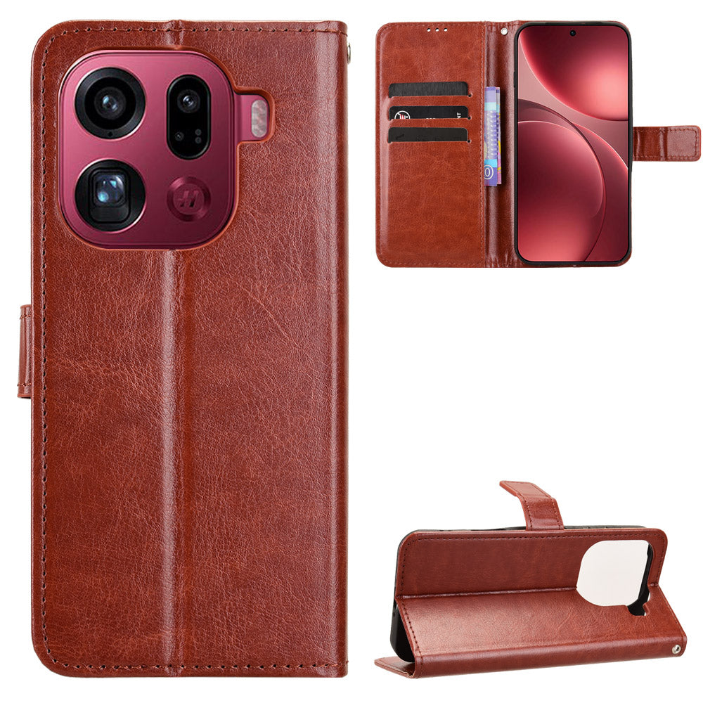 For Oppo Find X9 Pro 5G PU Leather Case with Strap Crazy Horse Texture Phone Wallet Cover