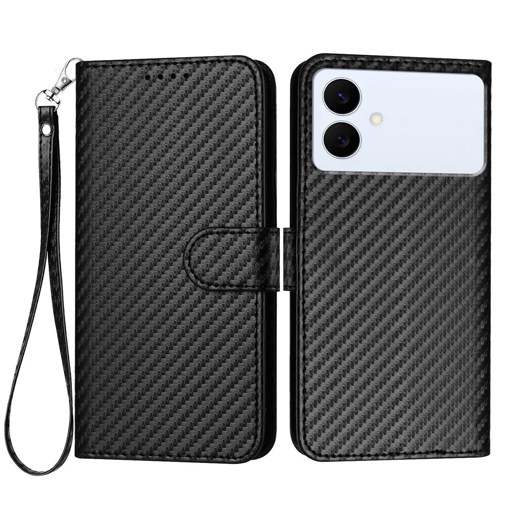 For Samsung Galaxy S26 Edge Wallet Case with Strap Carbon Fiber Texture Leather Mobile Cover
