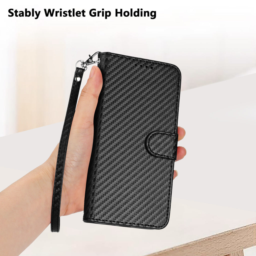For Samsung Galaxy S26 Edge Wallet Case with Strap Carbon Fiber Texture Leather Mobile Cover